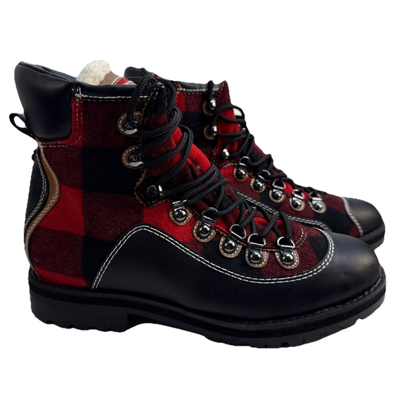 Tommy Hilfiger Women's Tonny Red Fabric Ankle Hiking Boots Sz 8 M Faux Fur NWB - Picture 1 of 15